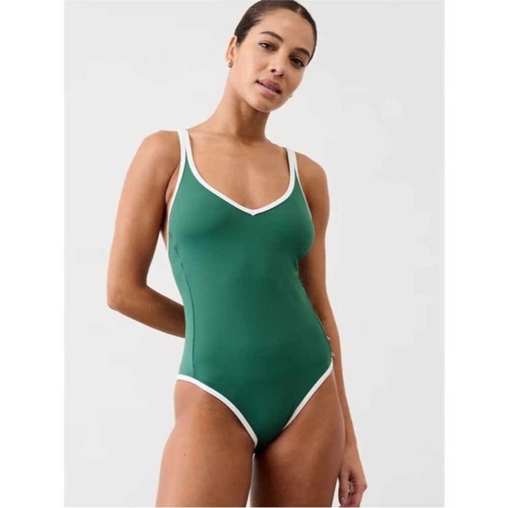 Athleta Sea Breeze One-Piece Swimsuit Green with White Trim
